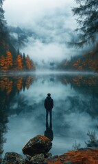 Person stands by tranquil lake reflecting autumn colors at dawn