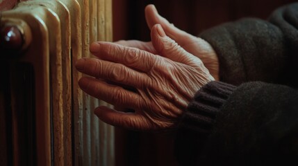 Elderly man s hands gently embracing warmth from a radiator for comfort and relaxation