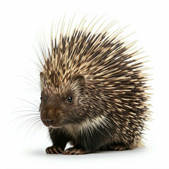 closeup of a brown and white spiky porcupine looking at the camera against a white background