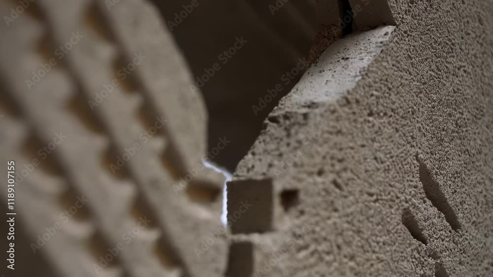 Poster Close up view reveals the texture and bonding of interlocking concrete layers in a construction setting, highlighting the precision and strength of prefabricated elements