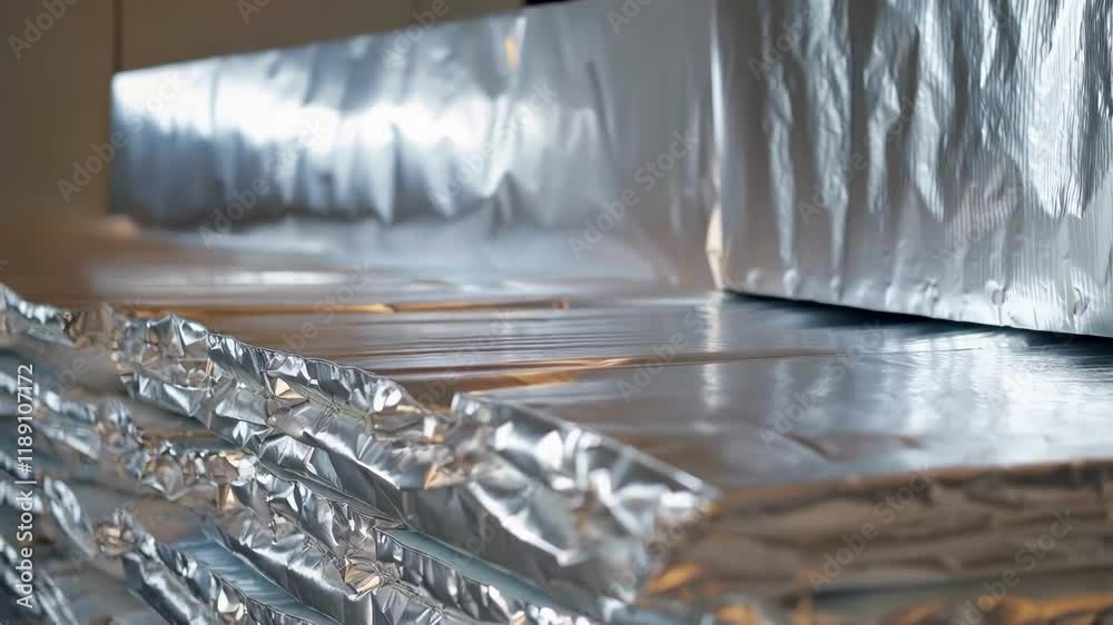 Poster metallic reflective insulation panels sliding smoothly and stacking, displaying silver foil surfaces