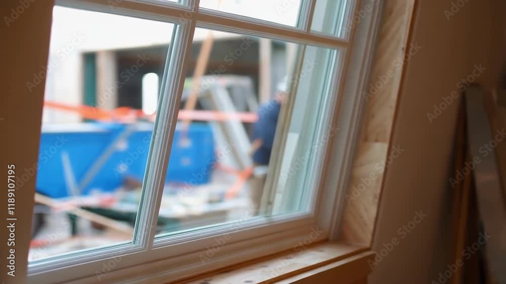 Poster construction workers installing replacement window frame, carefully fitting glass pane within reside