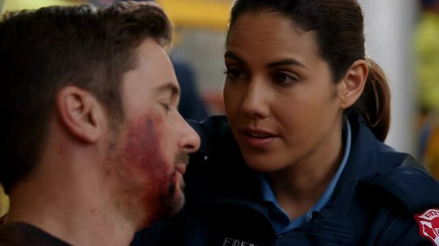 Emergency medical services provide crucial assistance to a construction worker, a female paramedic attending to a male worker with facial injuries