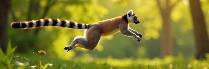 Fototapeta premium A lively lemur leaps joyfully through a vibrant forest, showcasing nature's beauty.