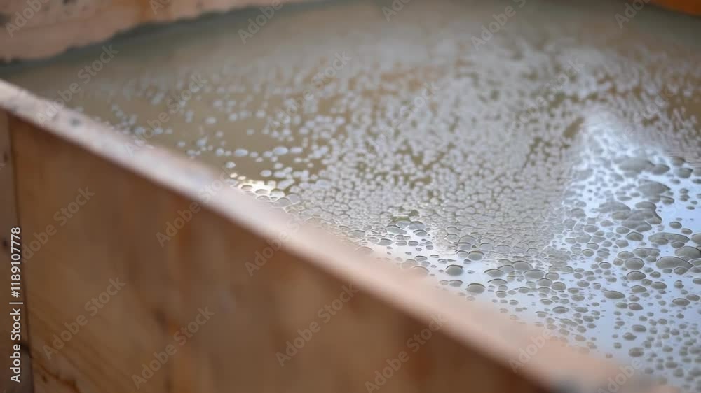 Poster liquid concrete spreading within wooden formwork, revealing textured surface with rising air bubbles