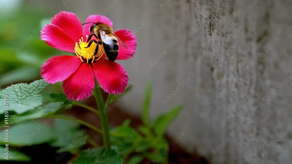 Poster close up of a bumblebee diligently collecting pollen from a vibrant pink flower, adding a touch of l