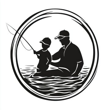 recommend clip art: Father teaching son fly fishing lake silhouette