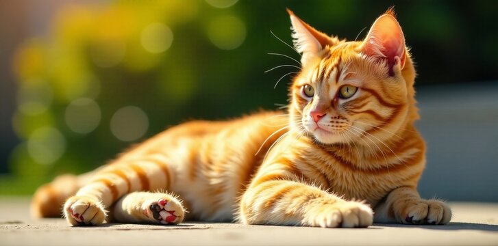 A majestic orange tabby cat relaxing in a sunlit outdoor setting.