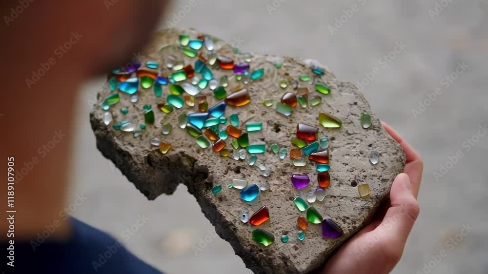 Poster construction worker presenting a piece of concrete embedded with colorful glass shards, showcasing d