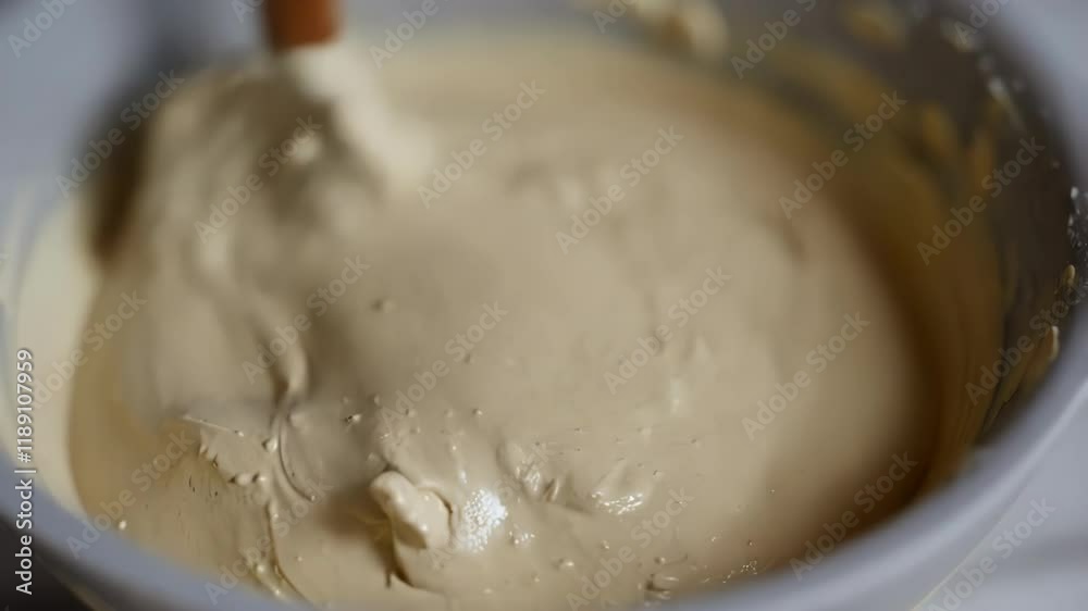 Leinwandbilder creamy grout is mixed thoroughly by a construction worker using a wooden spoon, ensuring a smooth an