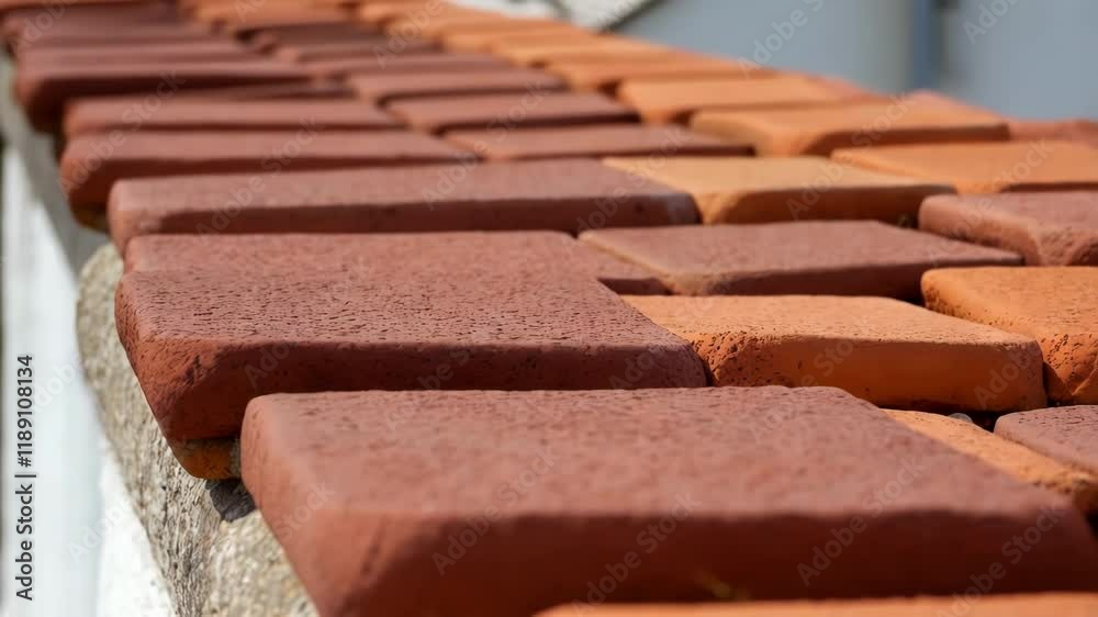 Fototapete Multiple terracotta tiles are drying on a roof edge, showcasing varying shades of red and orange, possibly due to the drying process or inherent color variations in the material