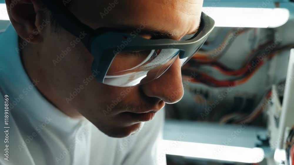 Aufkleber professional engineer meticulously examining electrical panel, carefully checking complex wiring sys