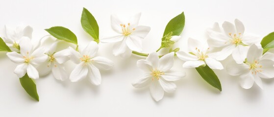 Fototapeta premium white flowers and green leaves on a white background