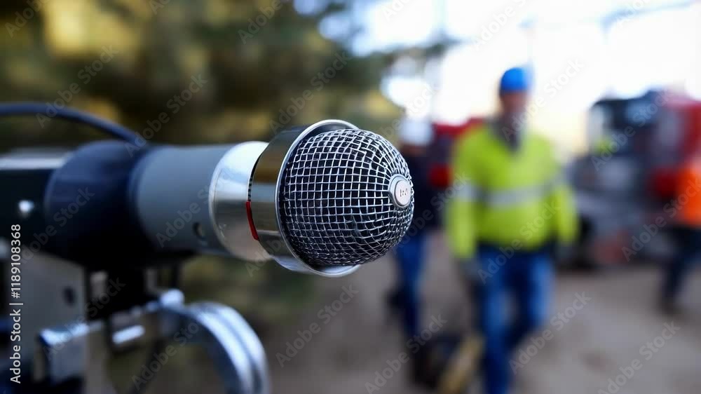 Poster Professional sound level meter with a sensitive microphone measures noise pollution on a construction site, with blurred construction workers and machinery in the background