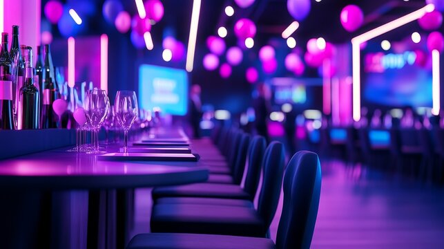 A vibrant event space with illuminated decor, ready for a celebration.