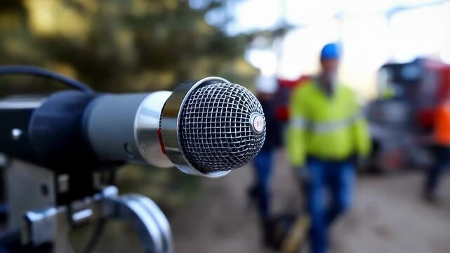 Professional sound level meter with a sensitive microphone measures noise pollution on a construction site, with blurred construction workers and machinery in the background