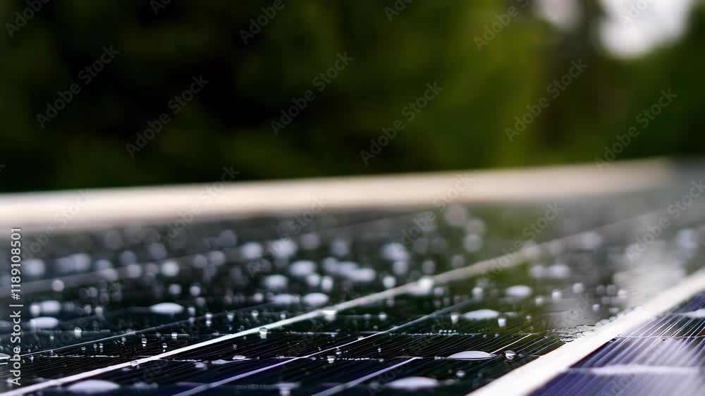 Poster numerous glistening dew drops rest on the dark, textured surface of a solar panel, reflecting the su