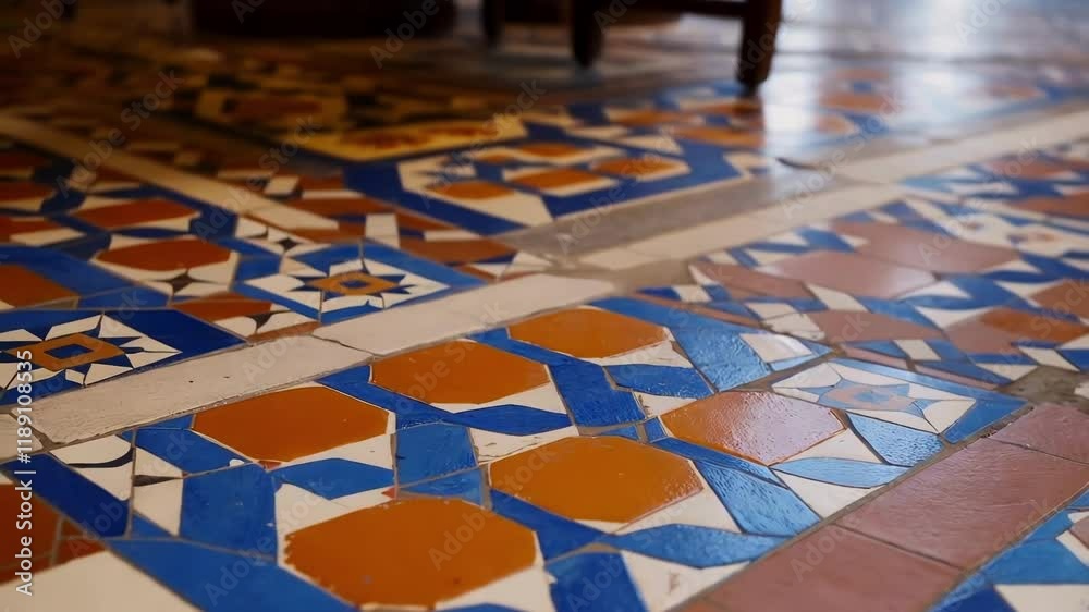 Poster Original colorful floor tiles with geometric patterns are being cleaned and documented during a restoration project, showcasing the intricate details and craftsmanship