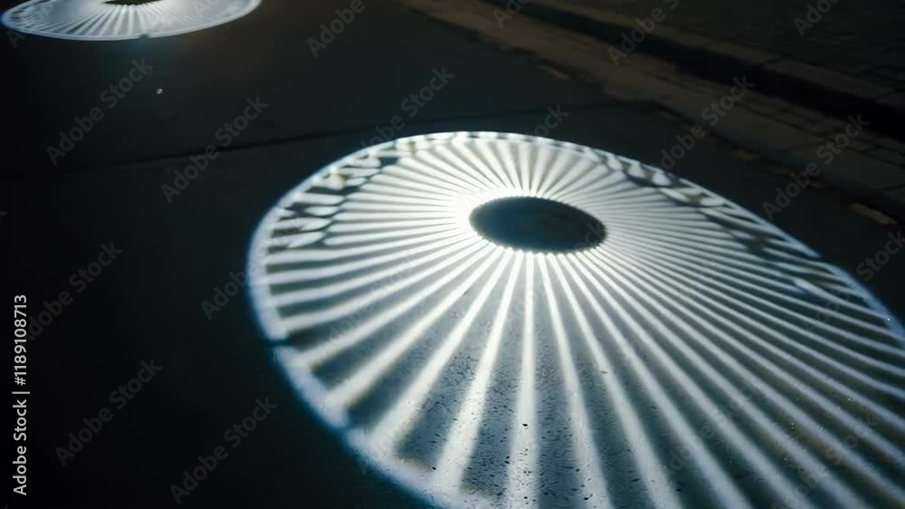 Poster Luminous circular patterns radiating from embedded fixtures casting dramatic shadows across textured concrete surface, revealing architectural geometry and urban nighttime illumination effect