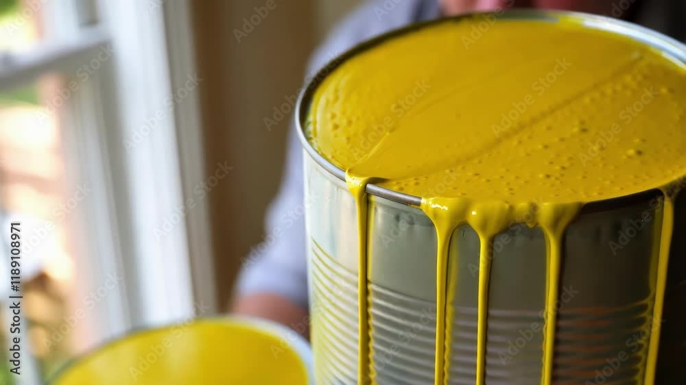 Poster Yellow paint drips down the side of a metal can held by a house painter, creating long, viscous streaks against a blurred background of a window and wall