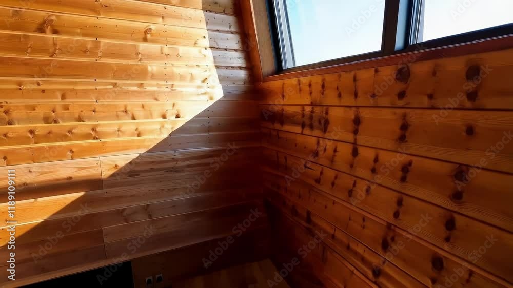 Poster Sunlight streams through a window, casting a warm glow on the interior wooden walls of a mass timber structure, creating a cozy and inviting atmosphere