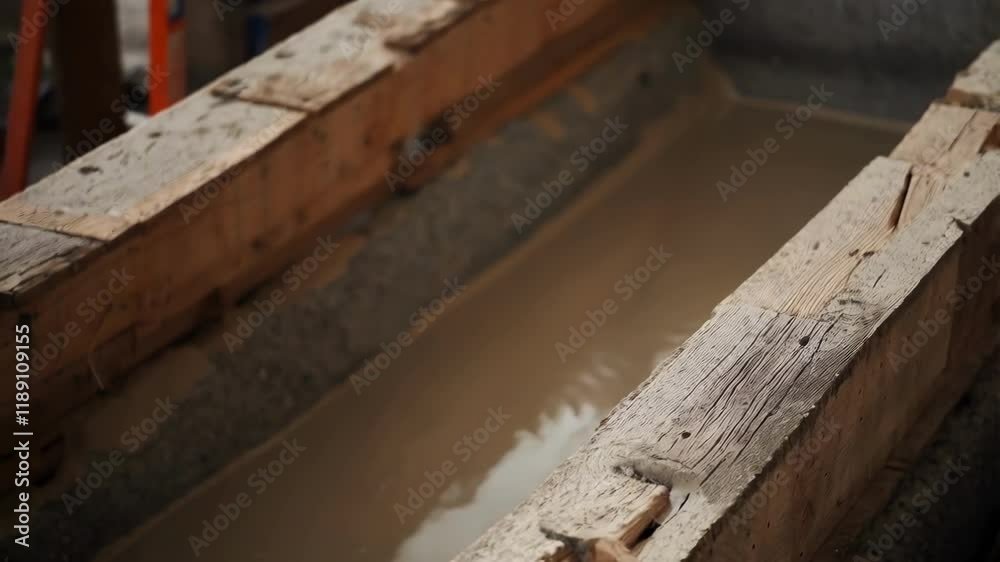 Poster Liquid concrete streaming into wooden formwork, forming foundational base for emerging architectural structure at active construction site with ongoing development work