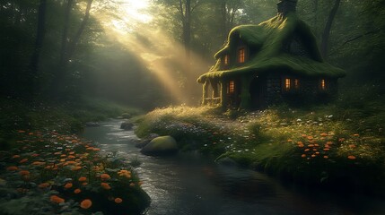 Mossy Roof Cottage Beside Forest Stream