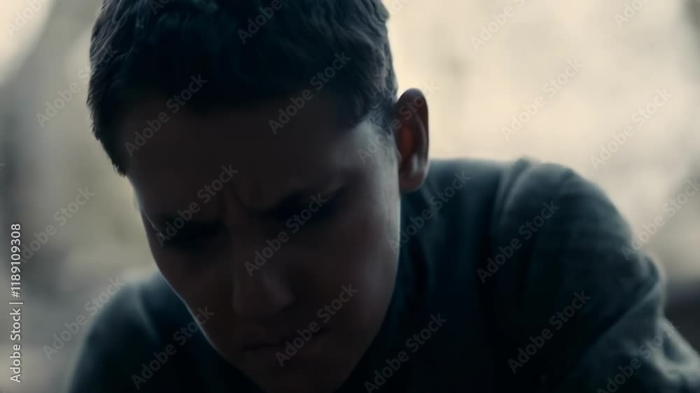 Poster concentrated young builder with furrowed brow demonstrates the hard work and dedication involved in 