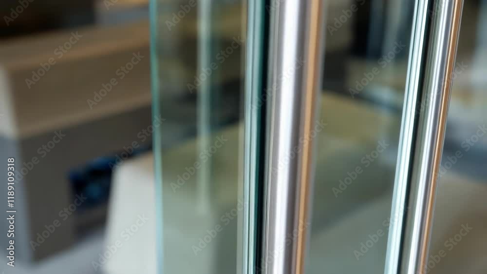 Poster glass panel edges joining seamlessly with sturdy metal frame, highlighting precision engineering and