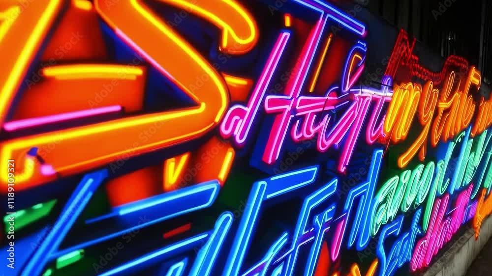 Poster detailed neon sign collection resting on workshop surface, highlighting intricate lettering design w
