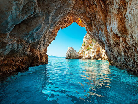 Stunning sea cave view with turquoise water and rocky cliffs in sunlight - Powered by Adobe