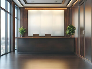 Obraz premium Modern office reception area with wooden accents and large windows.