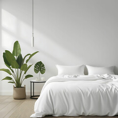 Modern Minimalist Bedroom with White Sheets and Green Plants