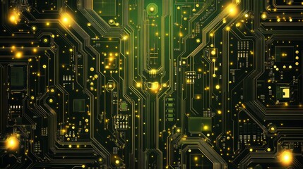 Fototapeta premium Vibrant electronic circuit board featuring chips and illuminated led lights as background