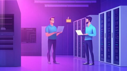 Two it engineers collaborating in a modern data center with rows of server racks, discussing technical solutions and working on a laptop computer in a high-tech, secure server room environmen