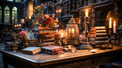 Intricate arrangement of antique books, candles, and decor in a dimly lit, ornate library setting