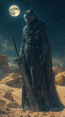 Fototapeta premium Illustration - Fantasy Warrior with Sword Under Moonlight in Desert