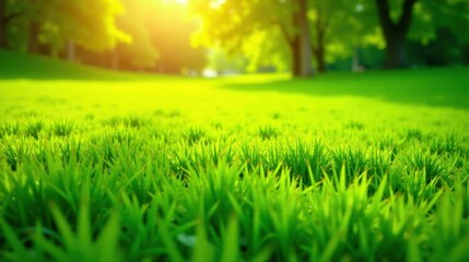 Lush Green Grass in a Sunny Park Setting with Blurred Trees in the Background