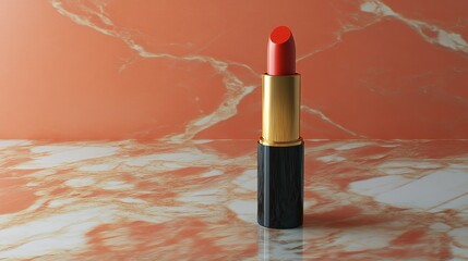 Stunning Close-Up of a Vibrant Red Lipstick Against a Luxurious Marble Background for Beauty and Makeup Inspiration