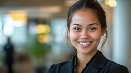 Fototapeta premium Beautiful young hotel receptionist woman happy smiling portrait, copy space. business lobby service staff female worker, welcome guests, employee job.