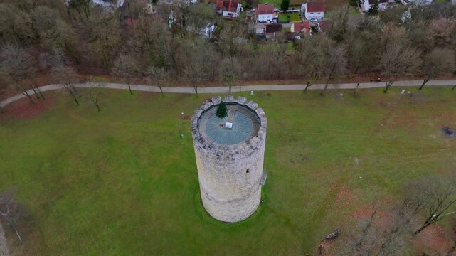 Aerial view of Heinrichsturm in Bad Abbach, Bavaria, Germany. This medieval tower surrounded by scenic Bavarian hills, Danube River and countryside, offers breathtaking views and historical heritage. 