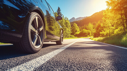 Black car driving on asphalt road in mountain nature landscape. summer travel and transport, rural countryside destination trip, panoramic forest.