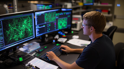 researcher analyzes complex data on multiple computer screens, showcasing intricate green neural networks. environment is modern and tech focused, emphasizing innovation and discovery