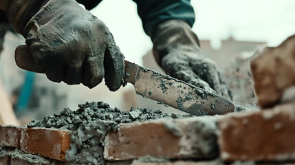 A skilled worker using a pan knife to construct brick walls.