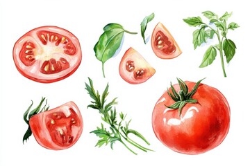 Fototapeta premium watercolor illustration of tomatoes and fresh basil