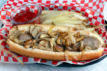 sweet italian sausage sub  top with  mushrooms and onions