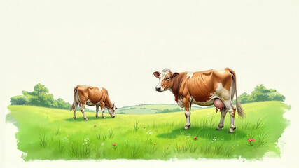 Grazing cows in a lush green field countryside illustration natural setting side view rural life concept