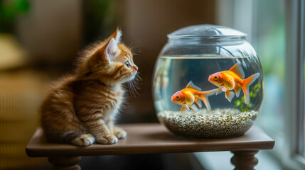 Curious kitten gazes at goldfish in a bowl by a sunny window in a cozy living room