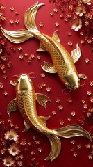 two goldfish koi on a red background with small flowers, symbolizes good luck, prosperity, perseverance, strength and courage, chinese culture