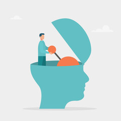 The concept of learning and will turn on at full capacity. Gear shifting on the human brain. Flat vector illustration.	